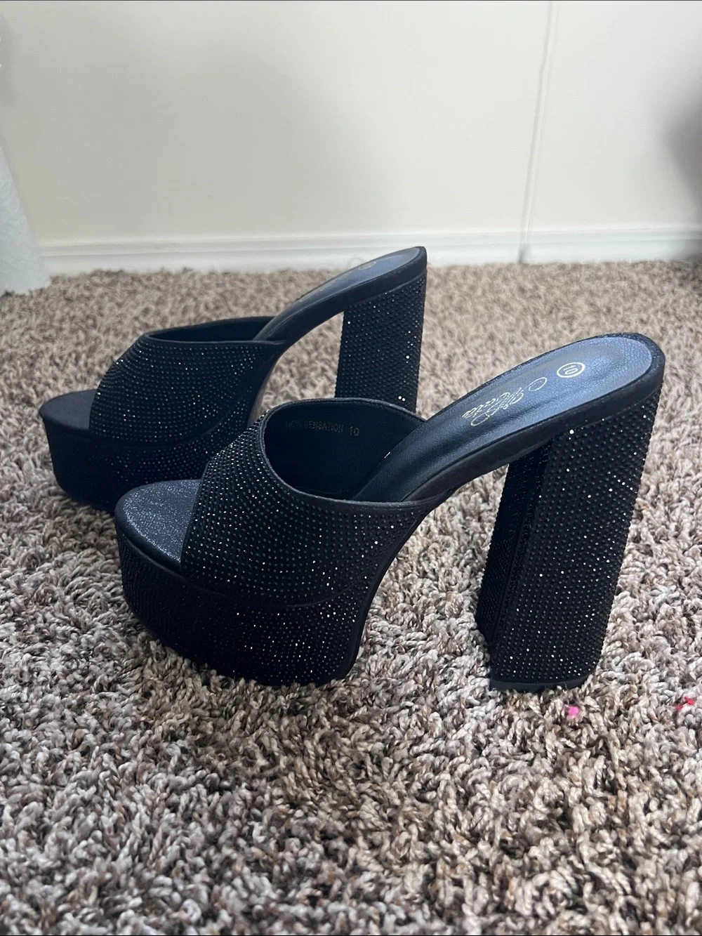 Black Rhinestone Platform Slide Heels - Women's
